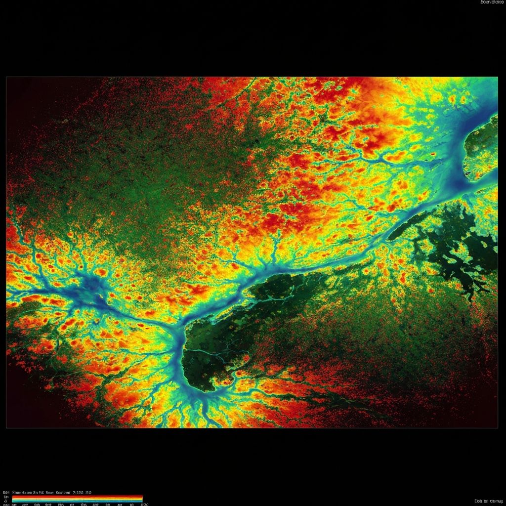 False-color satellite visualization of wetland terrain showing SAR and multispectral data